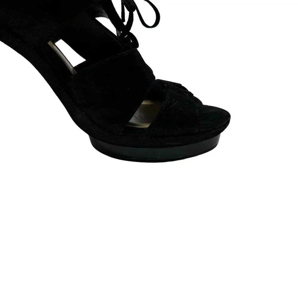 Coach Teagan Shimmer Leather Heeled Sandal Black Lace Up Size 10